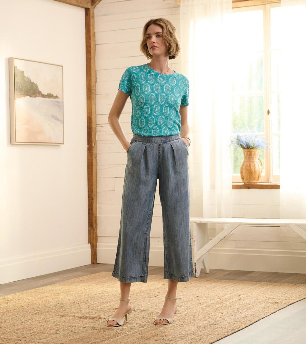 Hatley Bottoms | Women Cropped Wide Leg Pants - Blue Acid Rinse