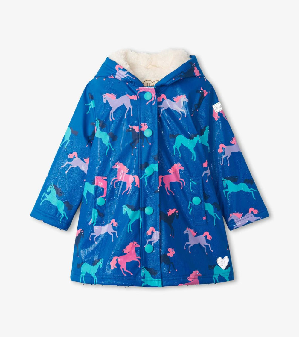 Hatley Rainwear | Girls Girls Prancing Horses Colour Changing Sherpa Lined Button-Up Rain Jack