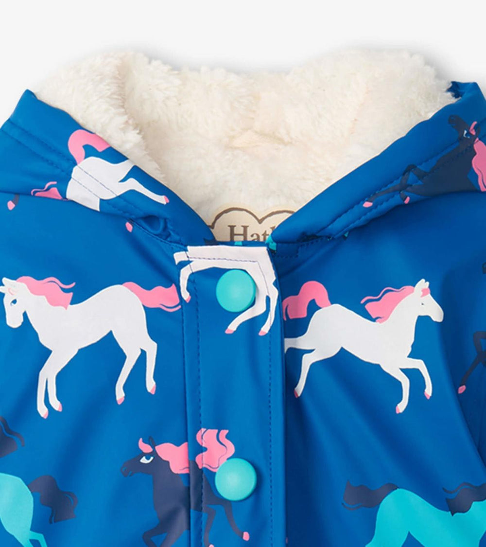 Hatley Rainwear | Girls Girls Prancing Horses Colour Changing Sherpa Lined Button-Up Rain Jack
