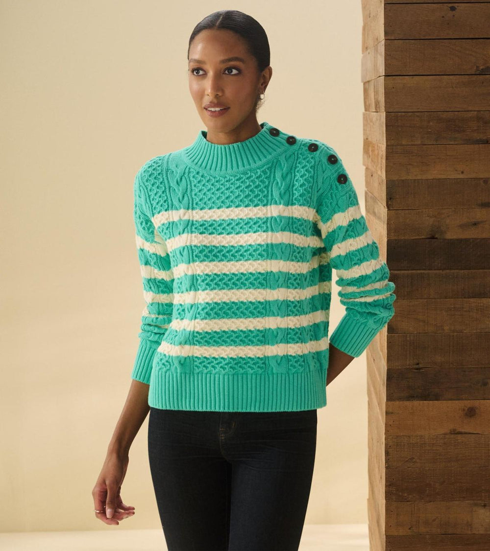 Hatley Sweaters | Women Button Neck Sweater - Turquoise Stripes