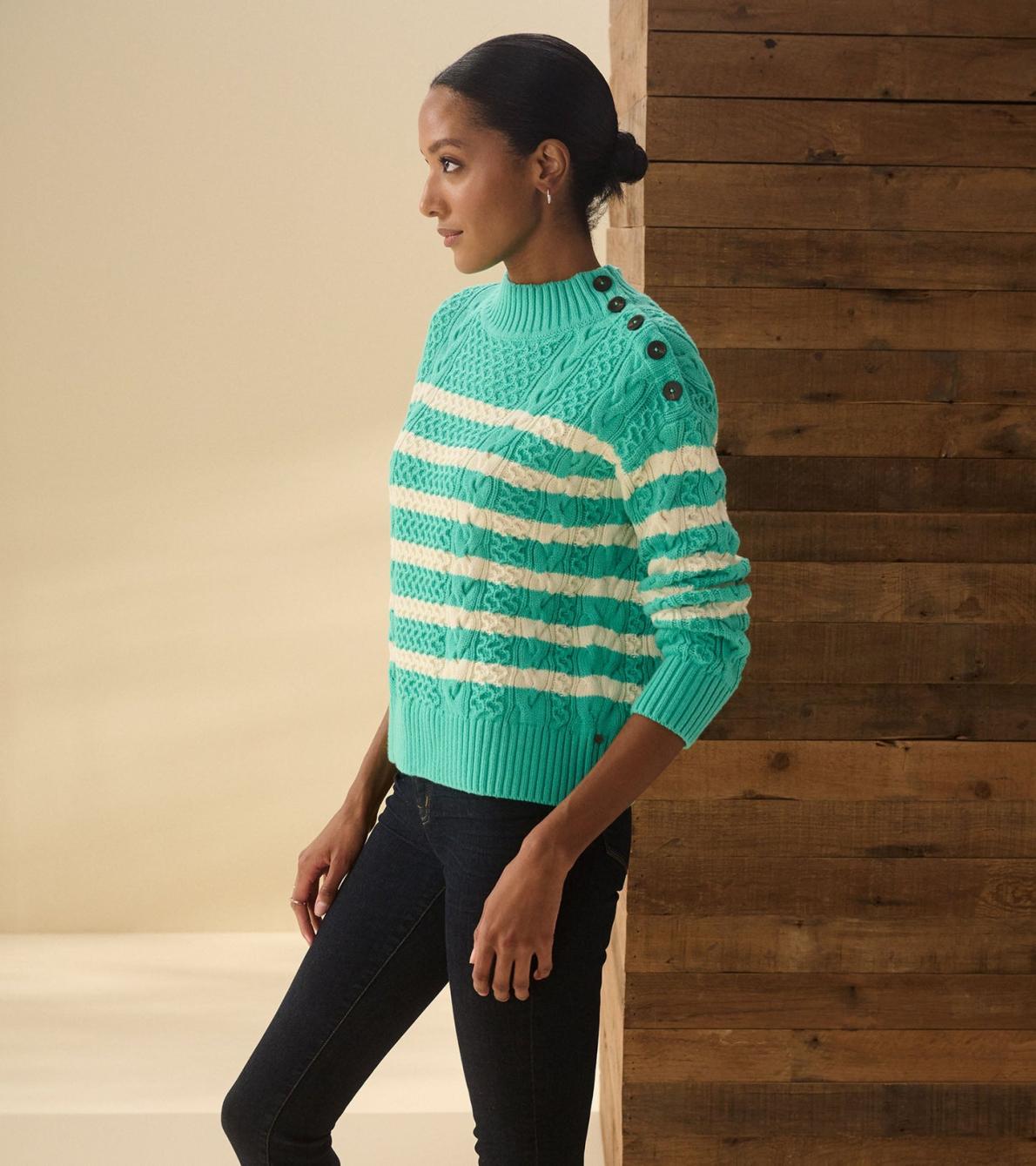 Hatley Sweaters | Women Button Neck Sweater - Turquoise Stripes