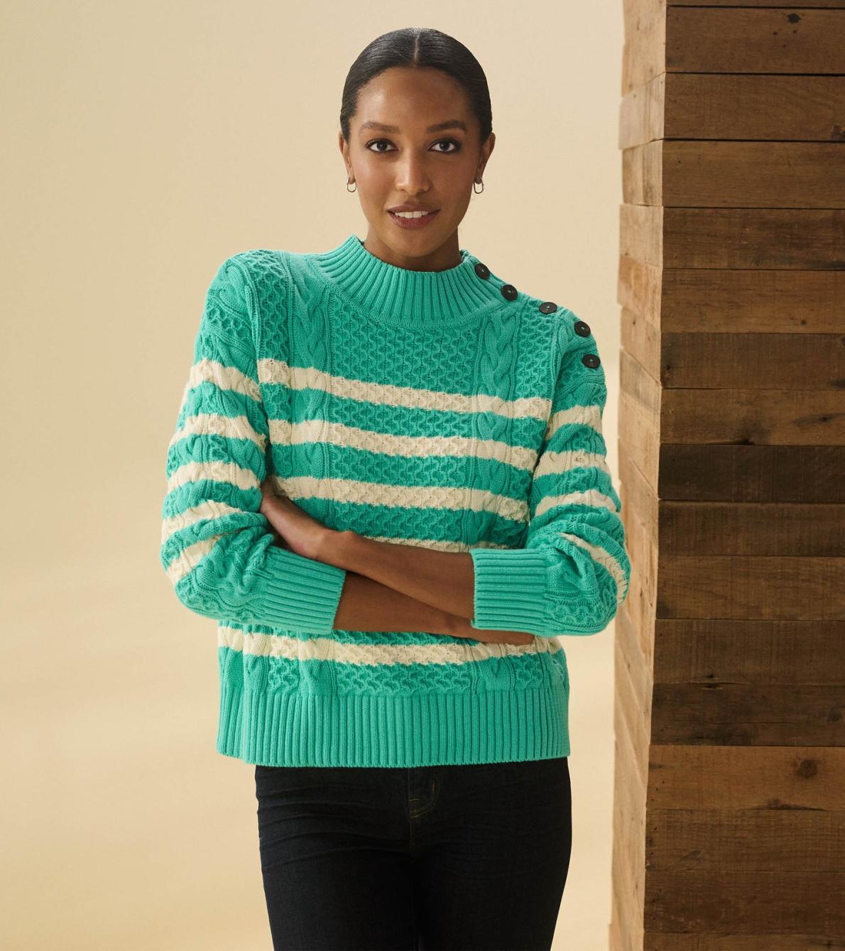 Hatley Sweaters | Women Button Neck Sweater - Turquoise Stripes