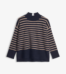 Hatley Sweaters | Women Mock Neck Tunic - Navy Taupe Stripes
