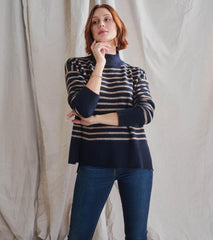 Hatley Sweaters | Women Mock Neck Tunic - Navy Taupe Stripes