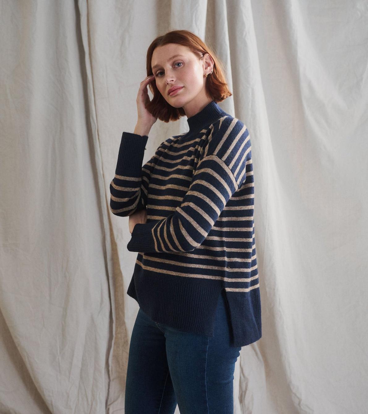 Hatley Sweaters | Women Mock Neck Tunic - Navy Taupe Stripes