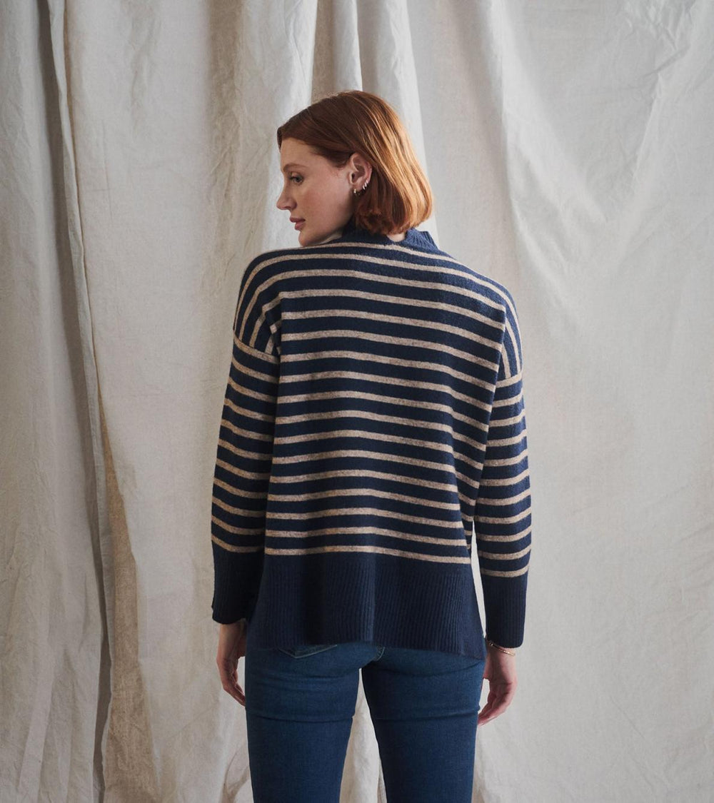 Hatley Sweaters | Women Mock Neck Tunic - Navy Taupe Stripes