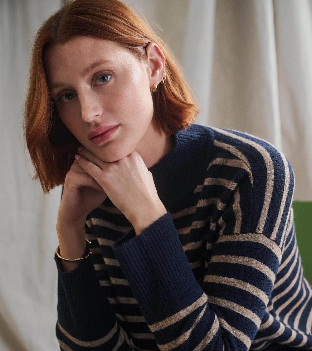 Hatley Sweaters | Women Mock Neck Tunic - Navy Taupe Stripes