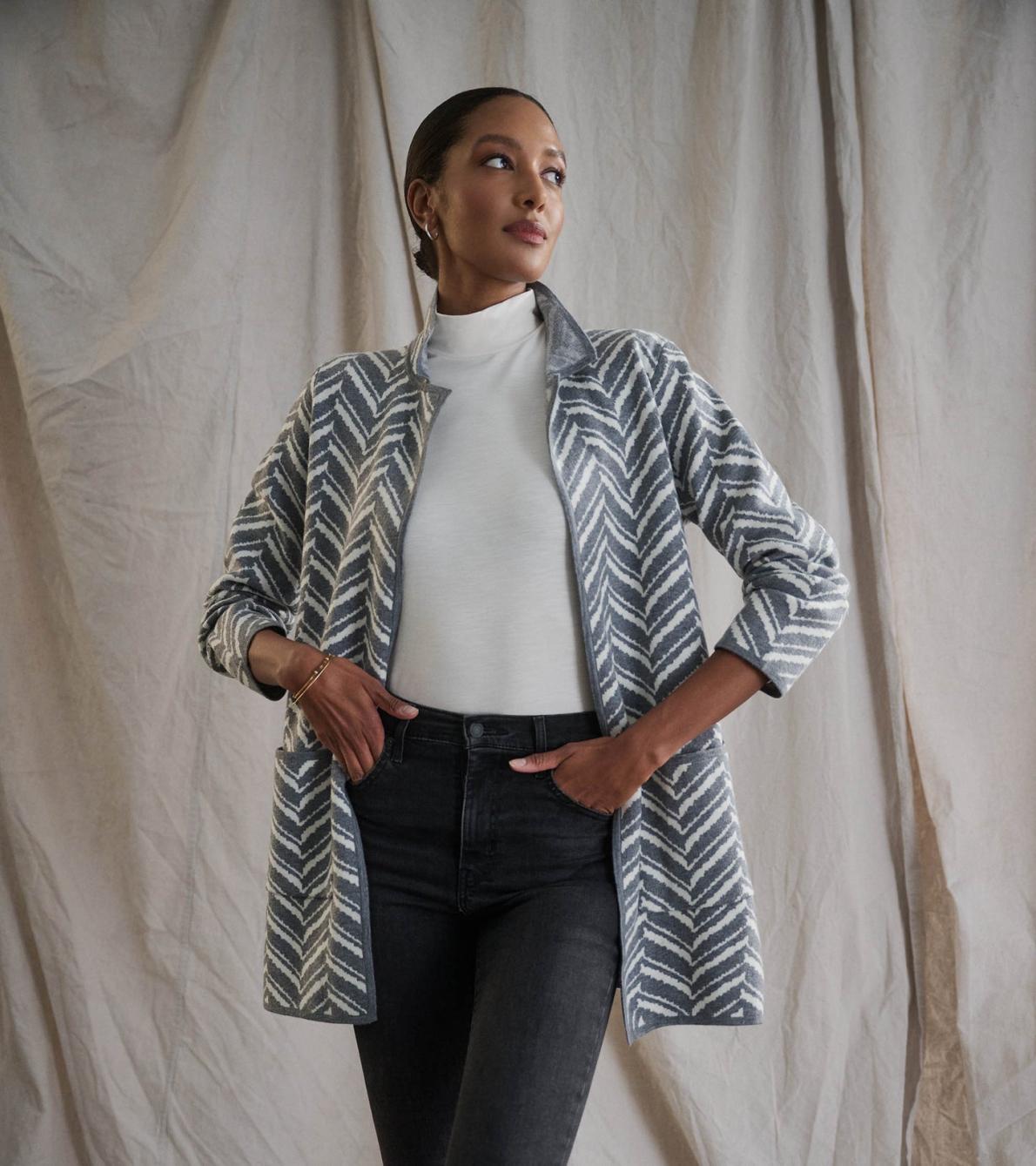 Hatley Sweaters | Women Sweater Blazer - Grey Chevron