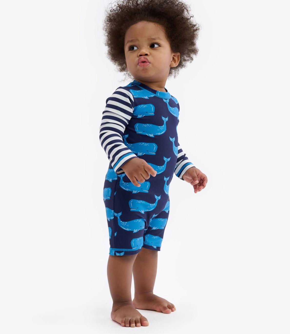 Hatley Swimwear | Baby &amp; Toddler Block Whales Baby One-Piece Rashguard