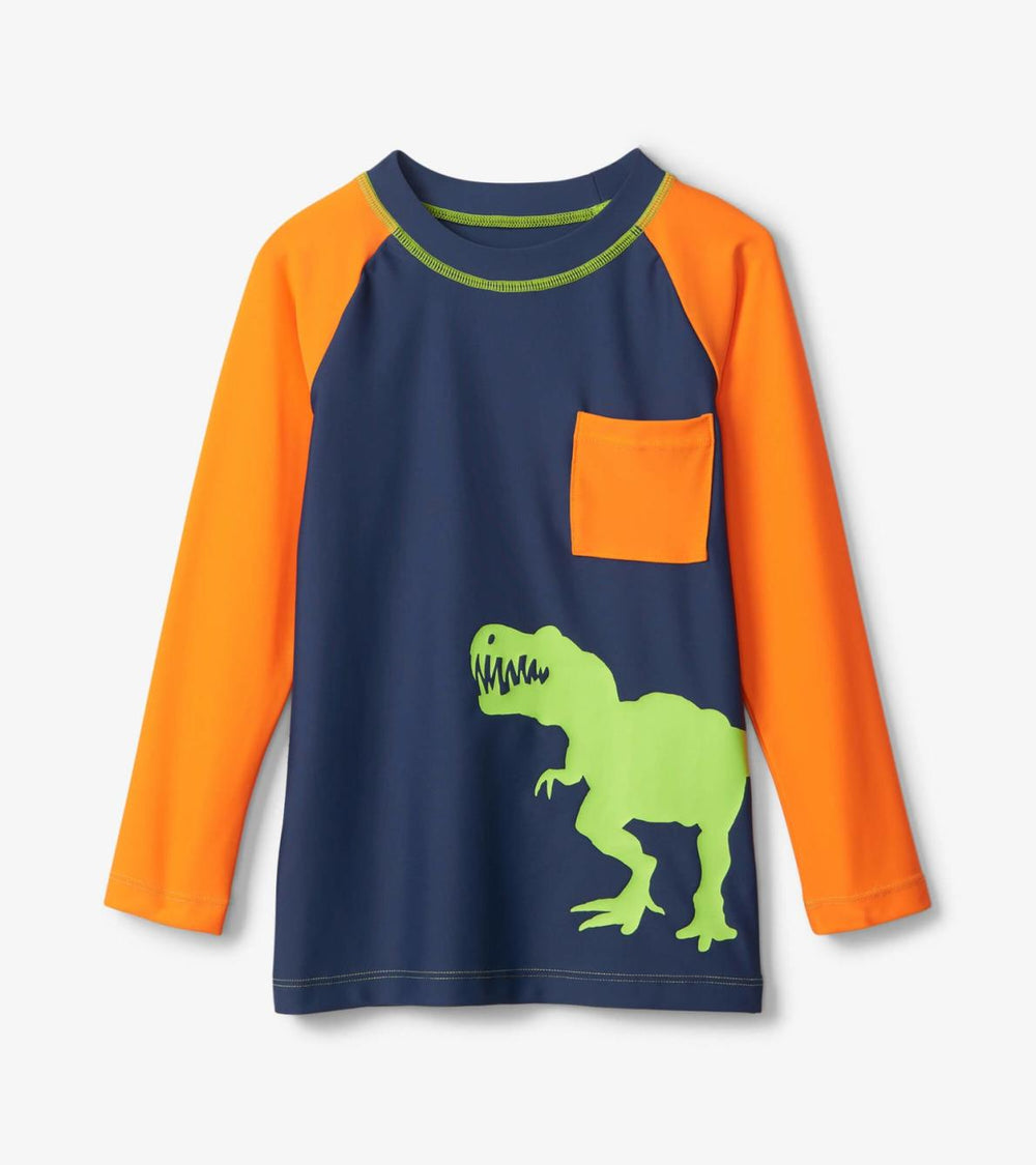 Hatley Swimwear | Boys Colourblock Dino Long Sleeve Pocket Rashguard