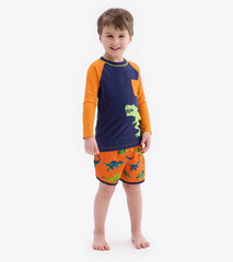 Hatley Swimwear | Boys Colourblock Dino Long Sleeve Pocket Rashguard