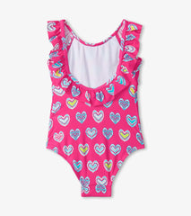 Hatley Swimwear | Girls Girls Pink Shibori Hearts Ruffle Sleeve Swimsuit
