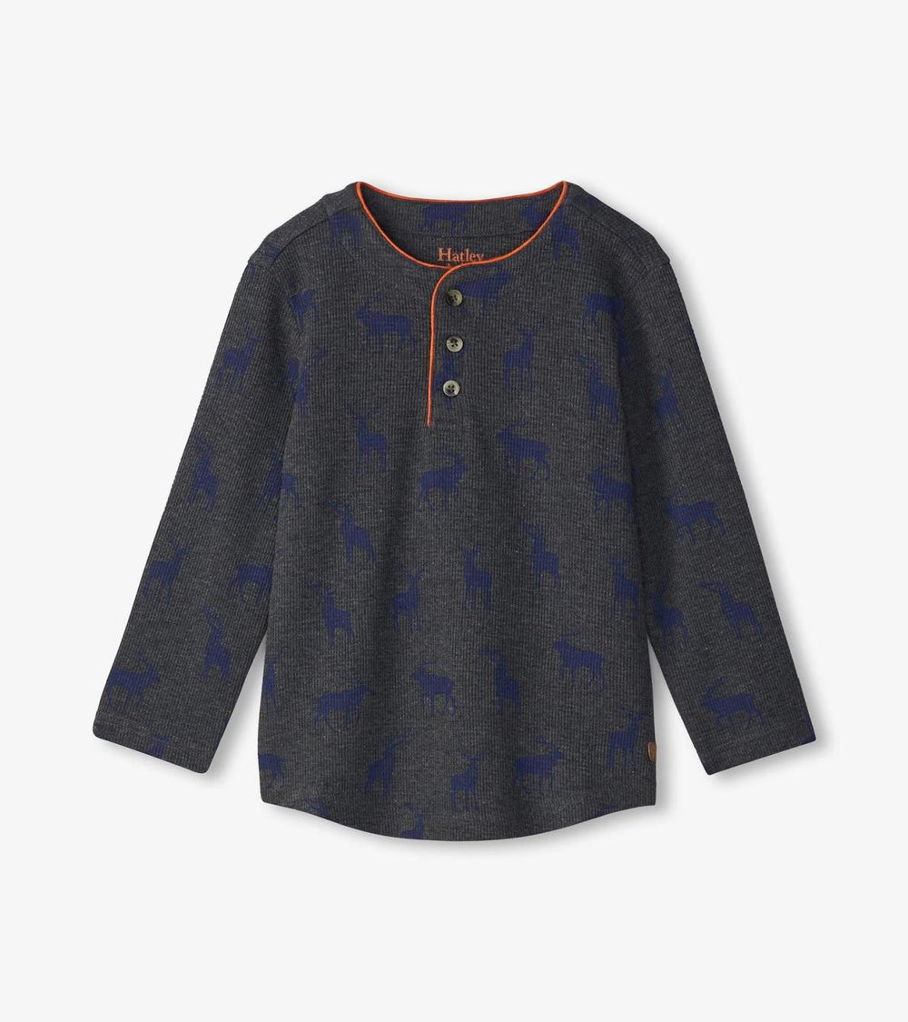Hatley Tops | Boys Boys Blue Elks Long Sleeve Henley T-Shirt